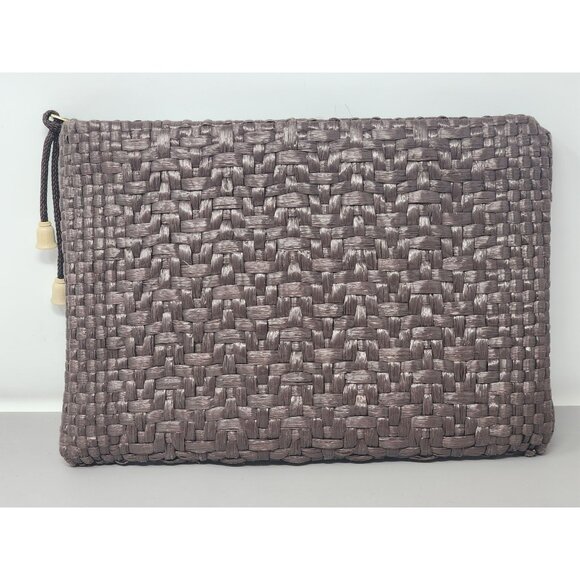 Woven Brown‎ Clutch Pouch With Zipper & Drawstring Detail Striped Fabric Lining - Picture 2 of 7